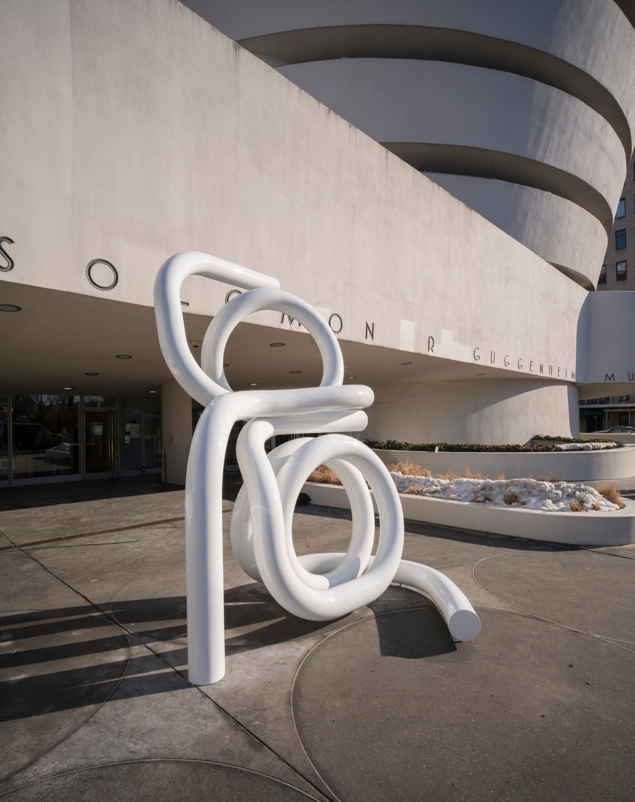 Exterior shot of the Carol Bove installation sculptures at the Guggenheim museum