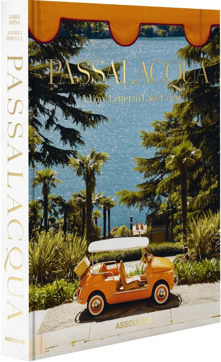 Book cover featuring an orange Fiat 500 with a view of Lake Como, titled 'Passalacqua, A Love Letter to Lake Como'