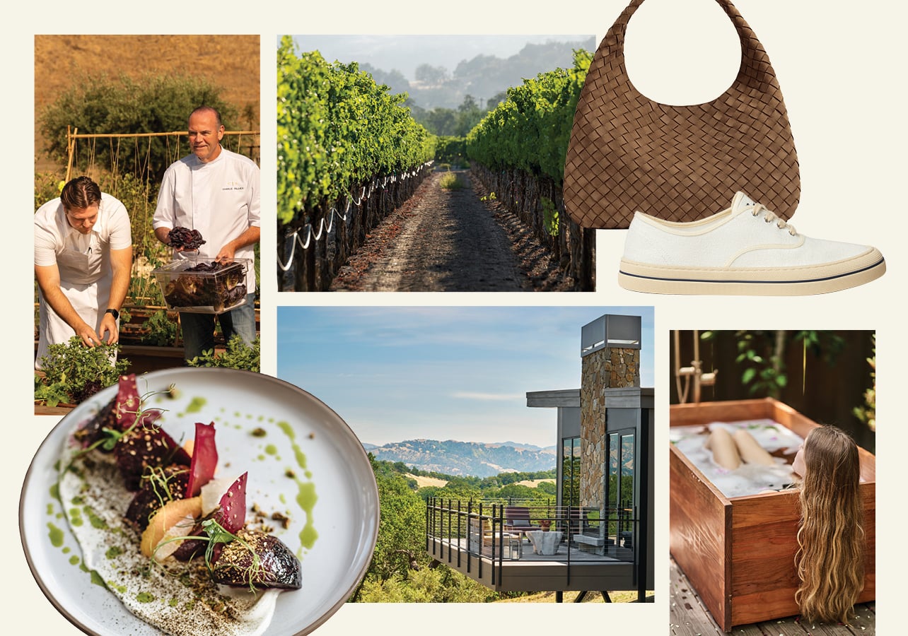 A collage of landscapes and products displaying wine country