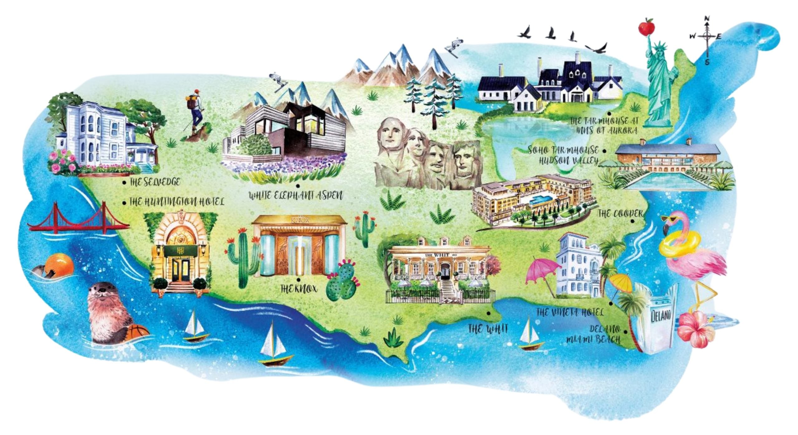 An illustration of hotel locations marked along the United States map