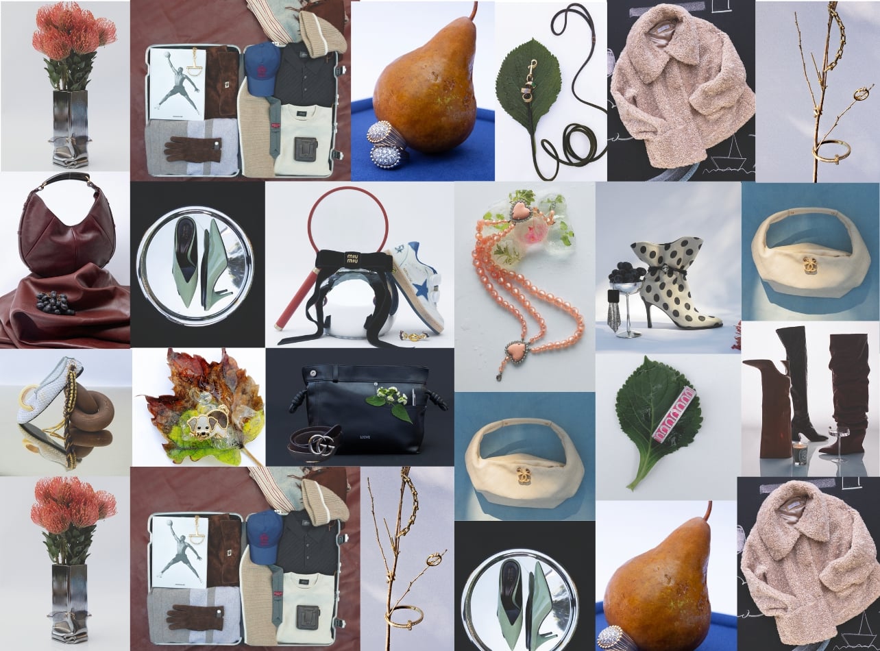 Collage of still-life fashion products and accessories