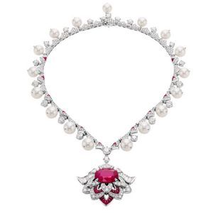 Bulgari high jewelry necklace in platinum with rubies, diamonds and pearls