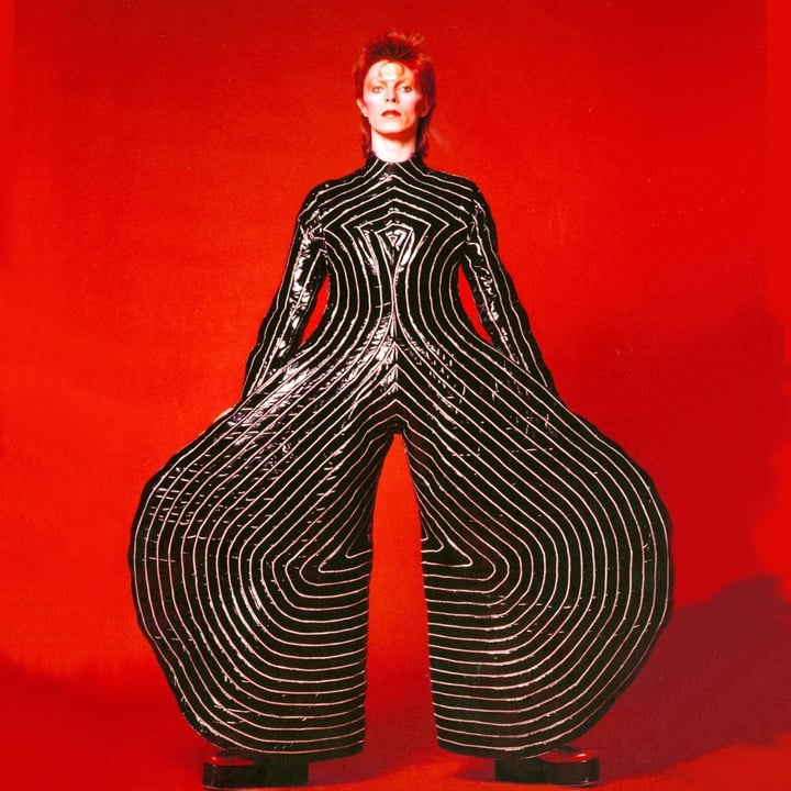 Striped bodysuit for the Aladdin Sane tour, 1973. Design by Kansai Yamamoto. Photograph by Masayoshi Sukita. © Sukita/The David Bowie Archive.