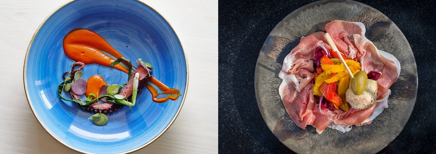 Mediterranean-inspired appetizers at Amangiri's open-kitchen restaurant (left) and Amanpuri's Beach Club Restaurant (right).