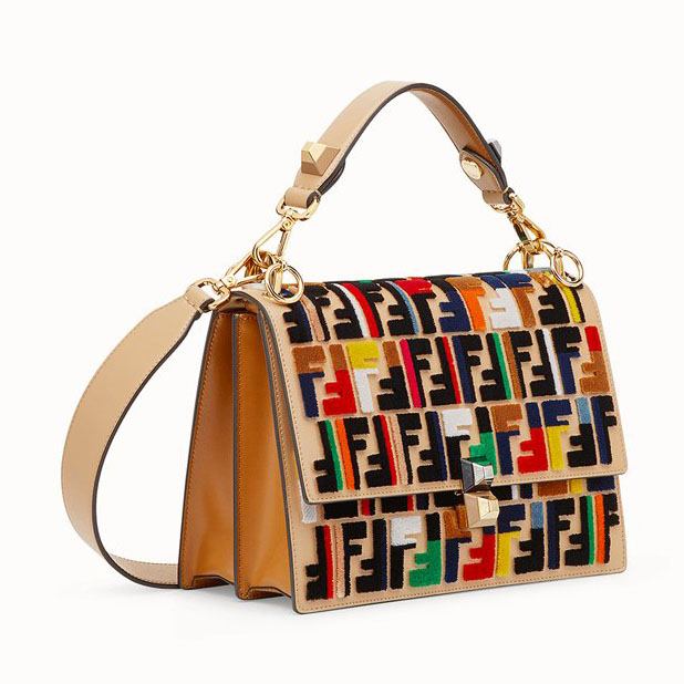 The Fendi logo is back and better than ever! We hear you, Fendi, loud and clear with the Kan I multicolored handbag.