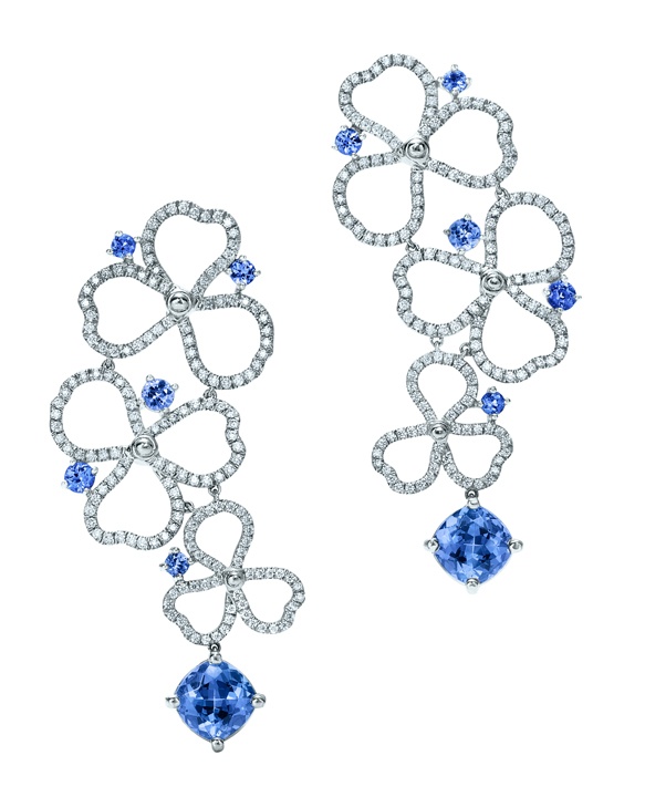 Paper Flowers diamond and tanzanite open drop earrings in platinum.
