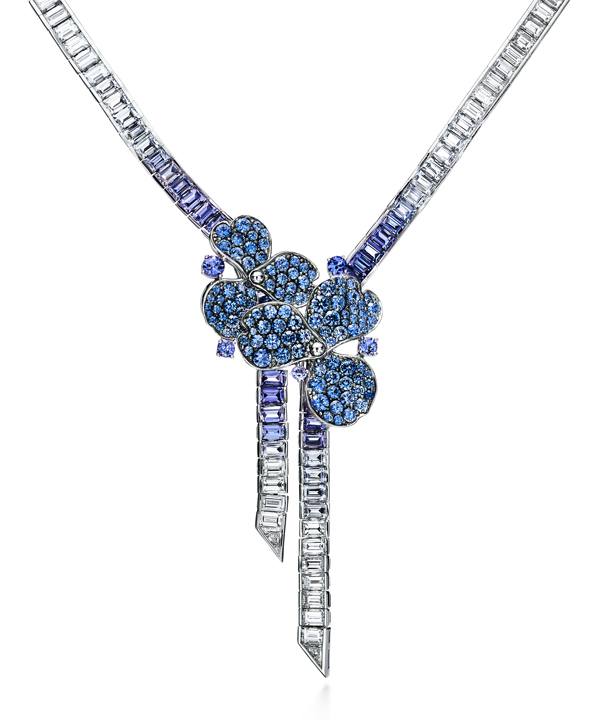 Paper Flowers necklace in platinum with round and baguette sapphires, baguette tanzanites and baguette diamonds.