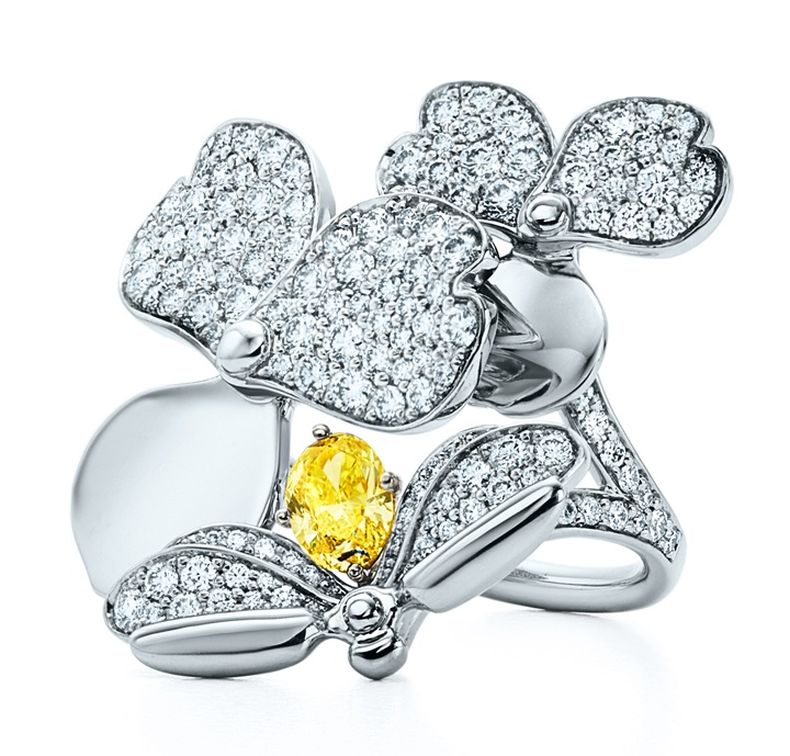 Paper Flowers firefly ring in white diamonds and a yellow diamond.
