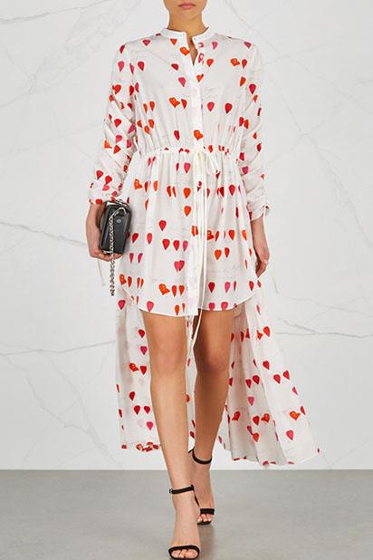 Ivory petal-print silk dress.