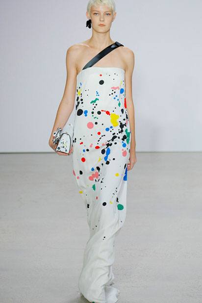 Ivory stretch georgette column gown with rainbow splatter print.