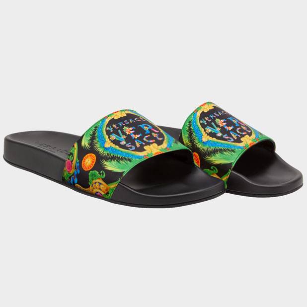 Beverly Palm Print leather slides.