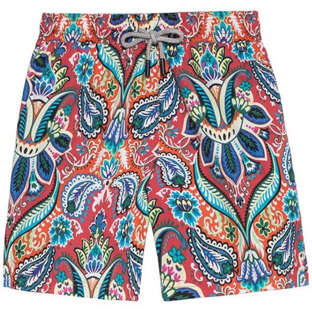 Paisley print swim trunks.