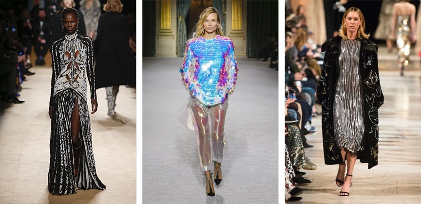 From left to right: Fall 2018 Runway looks from Roberto Cavalli, Balmain and Oscar de la Renta.