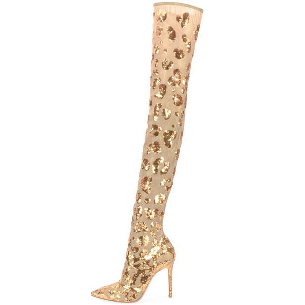 Sequined Over-The-Knee Metallic Mesh Boot