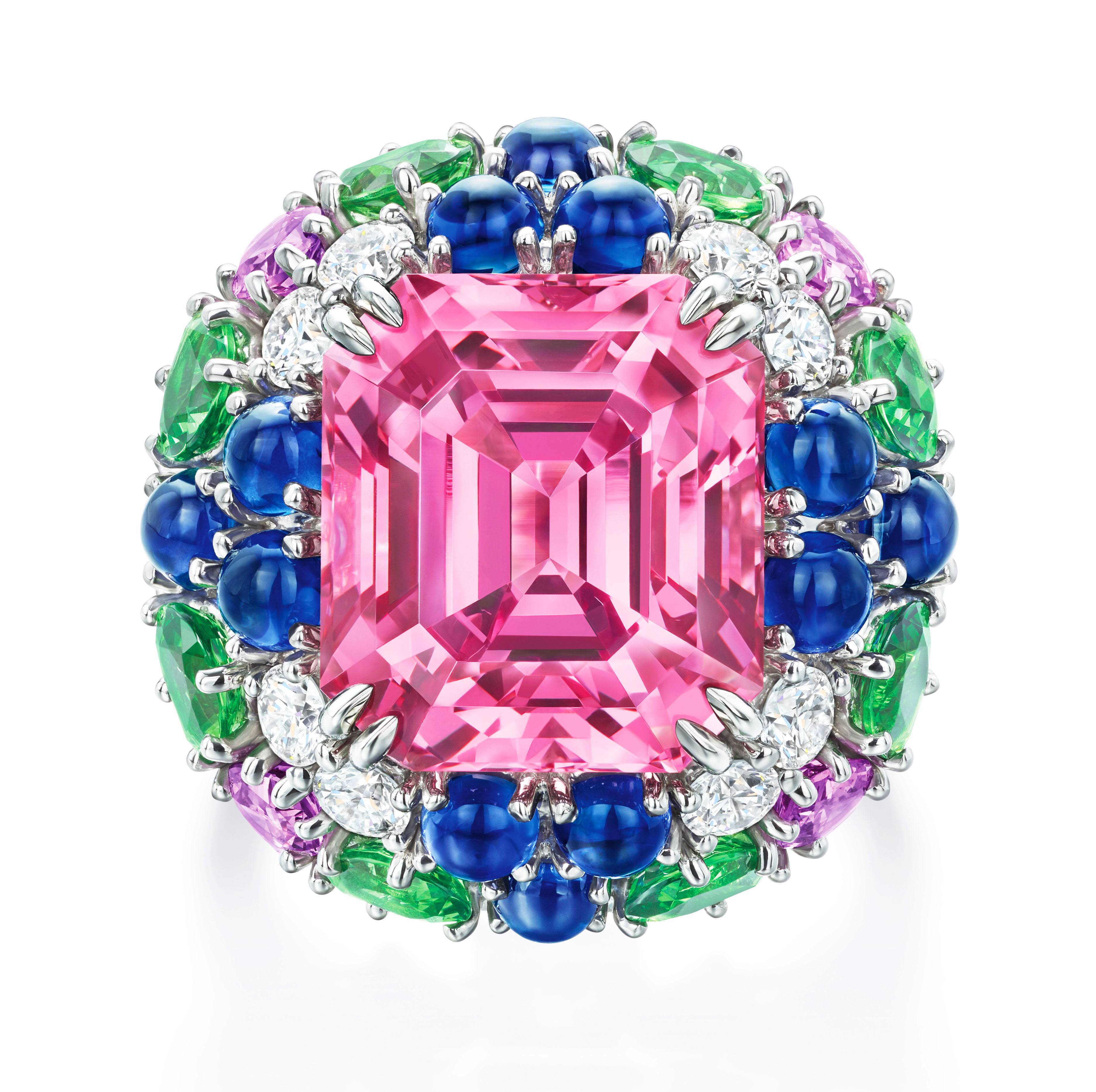 Limited Edition Harry Winston pink Pink Spinel Ring with Tsavorite Garnets, multi-colored Sapphires and Diamonds from the Candy Collection
