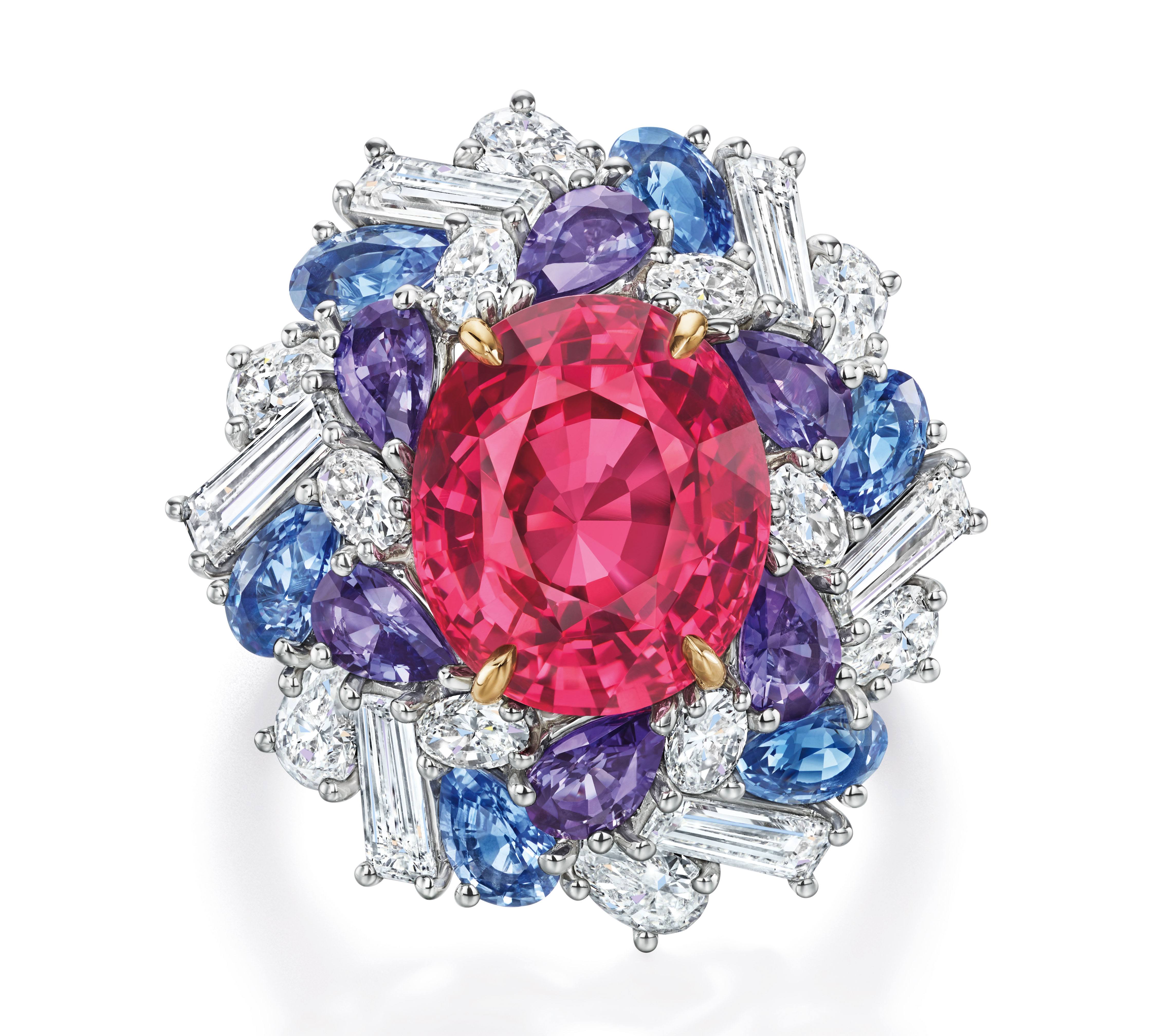 Limited Edition Harry Winston Red Spinel Ring with multi-colored Sapphires and Diamonds from the Candy Collection
