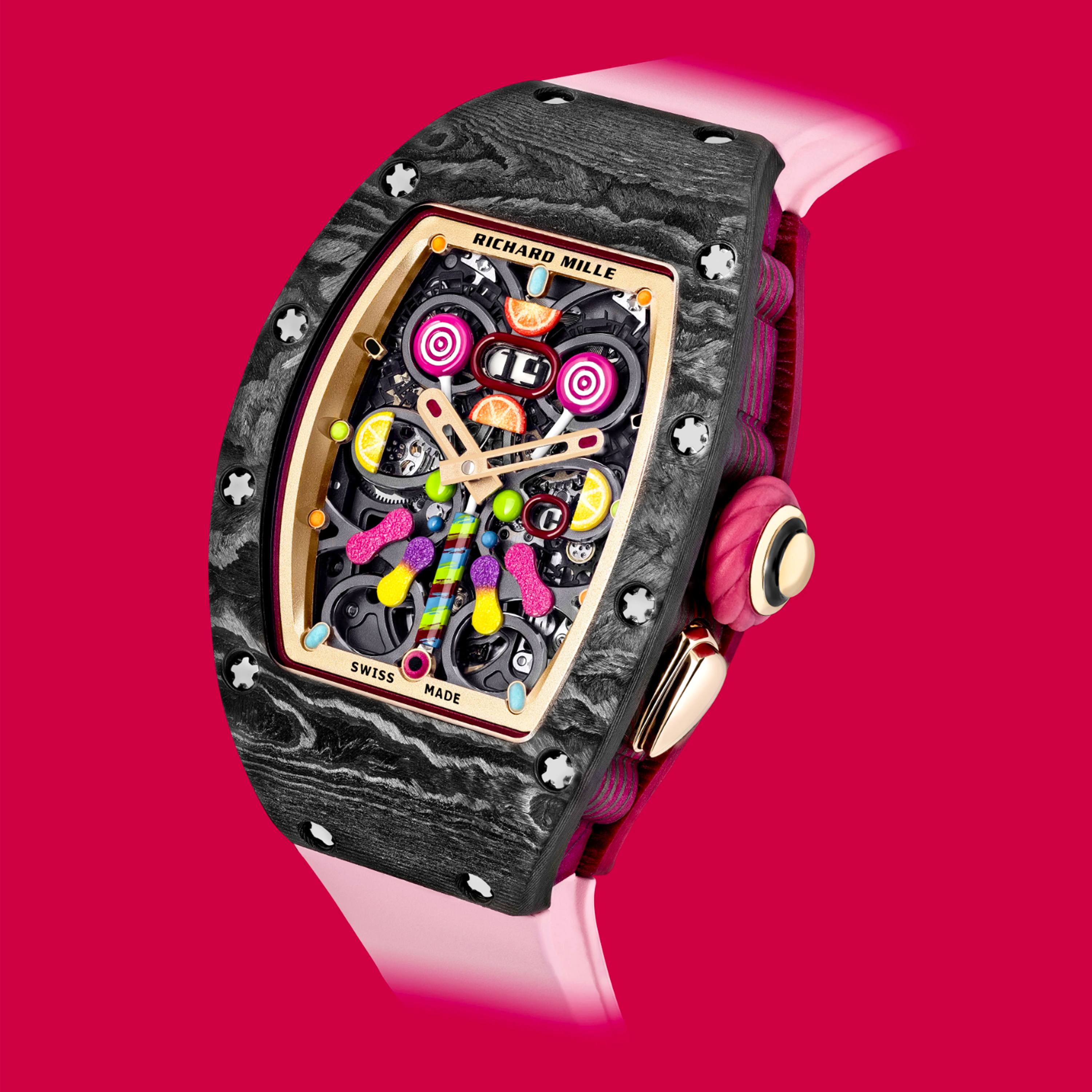 Richard Mille Bonbon Collection featuring the multi-colored RM 37-01 Automatic Cerise timepiece