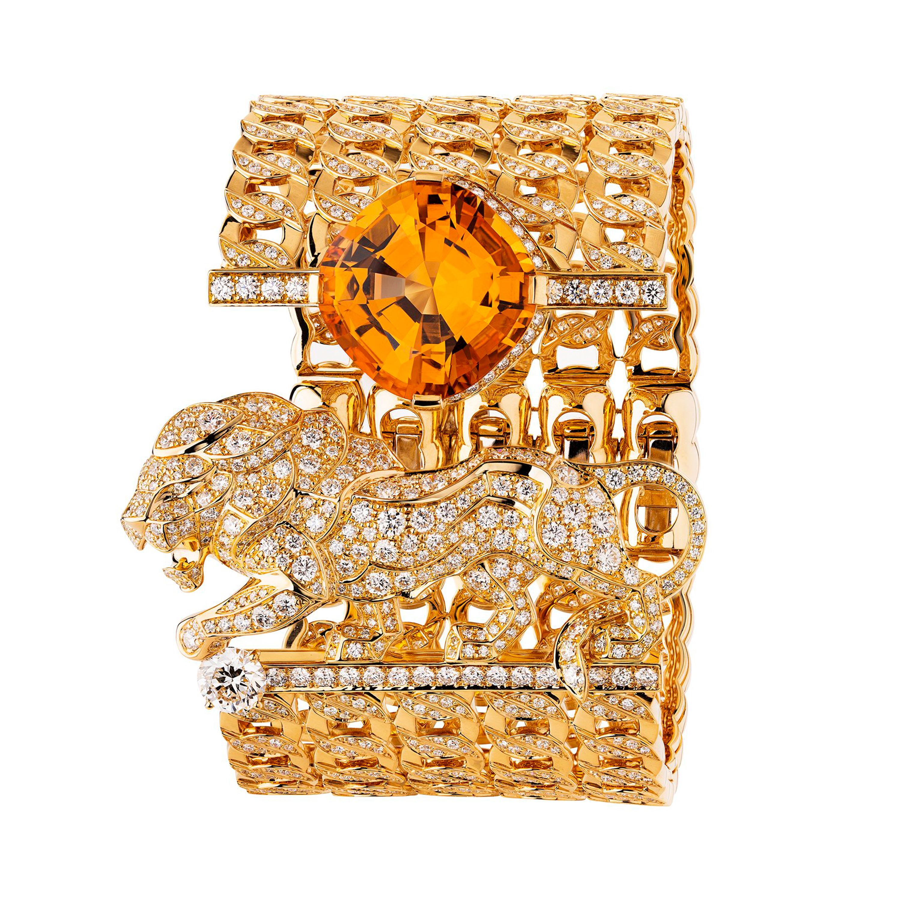 Chanel High Jewelry bracelet from the L’Esprit du Lion collection featuring a diamond-set lion and a cuff made up of four rows of rigid gold links