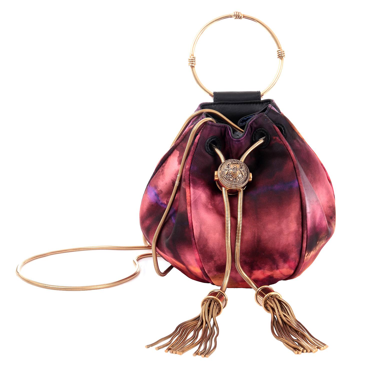 Ruby red satin Balmain mini bucket bag with gold handle and strap
