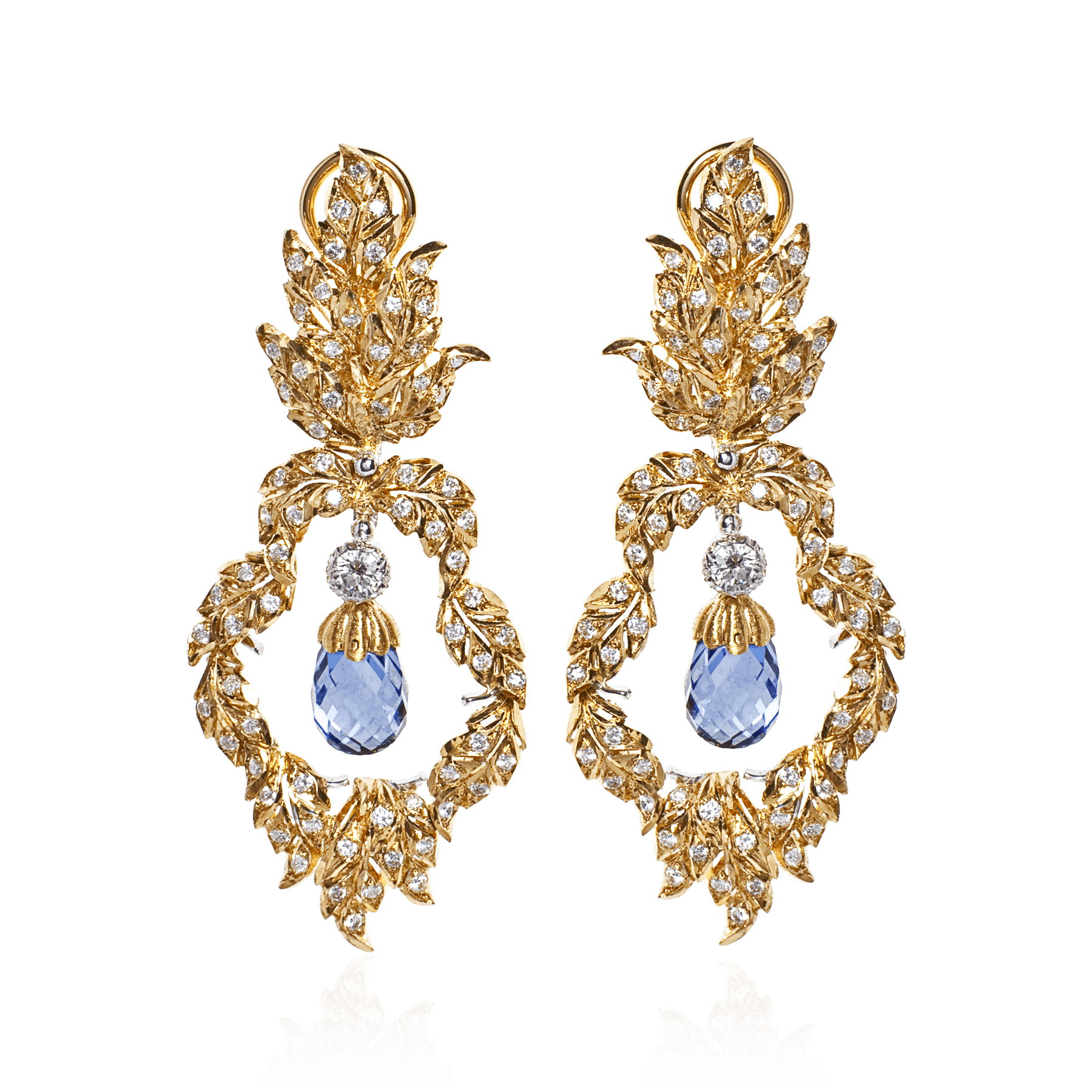 Buccellati gold diamond and sapphire earrings with jewel in center