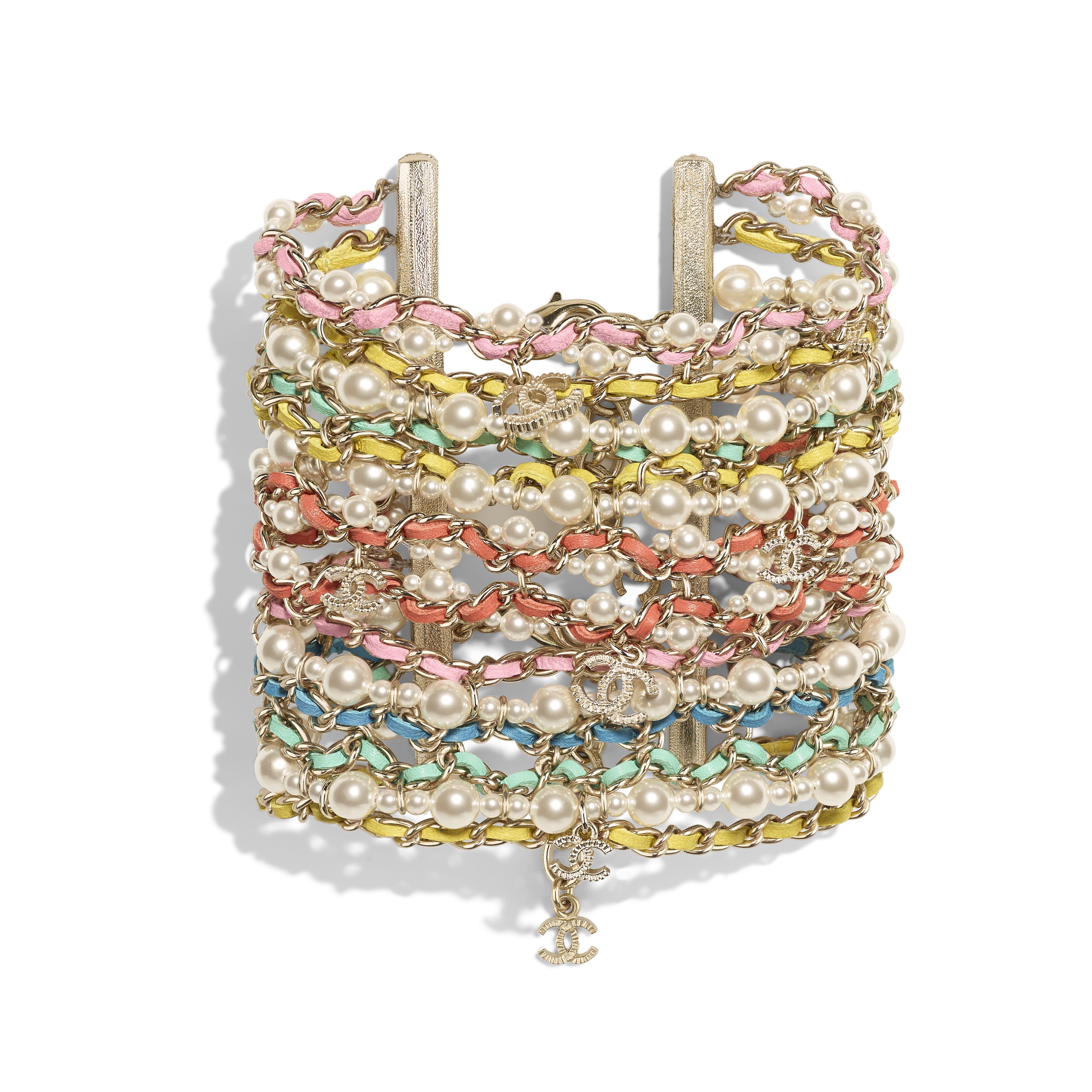 Chanel Multi-colored gold chain and leather bracelet with glass beads