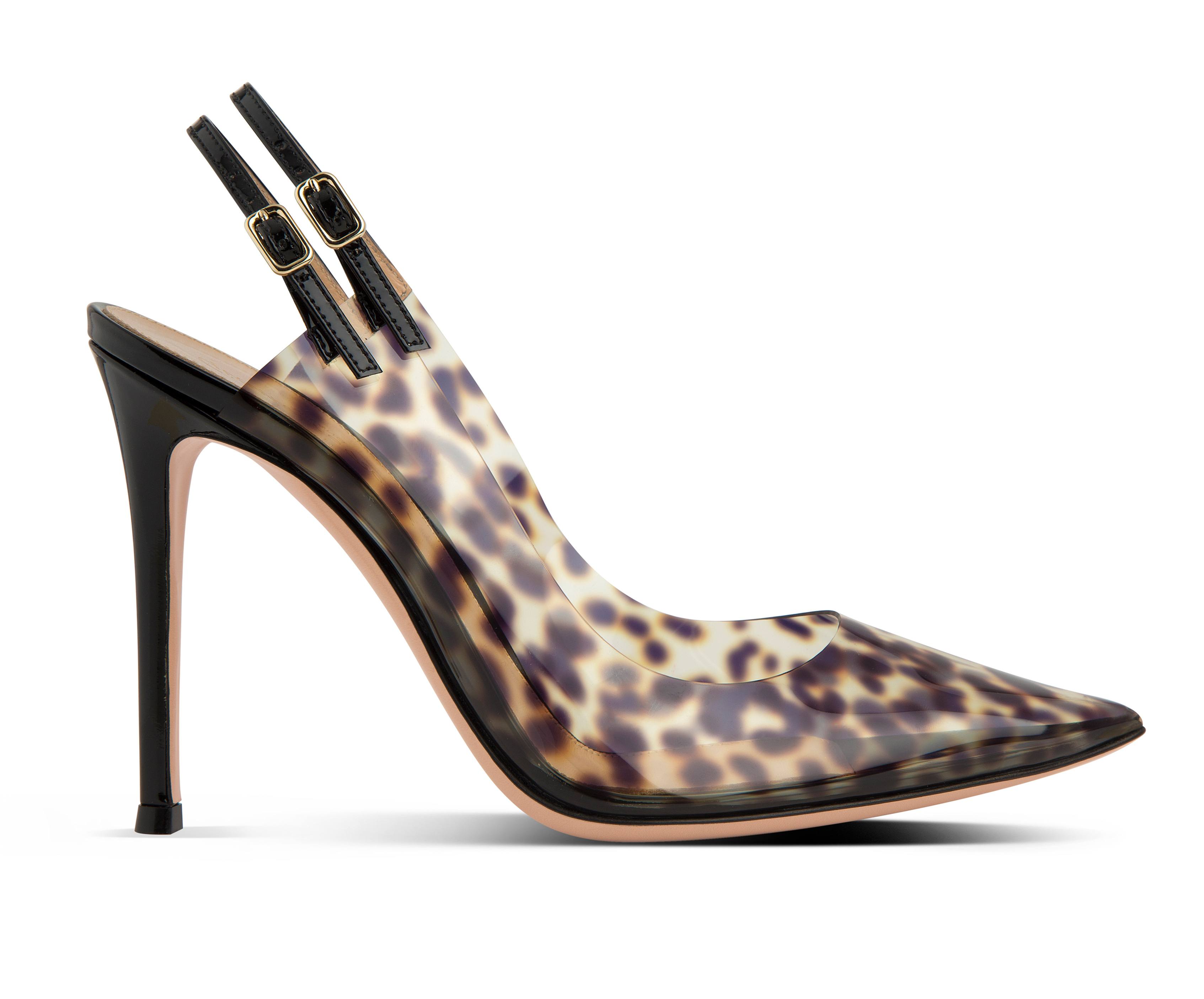 The Kylie pump combines plexi and animal print. Embellished with leopard spots, the pvc pump has two buckled slingback straps and a black patent 105mm heel.