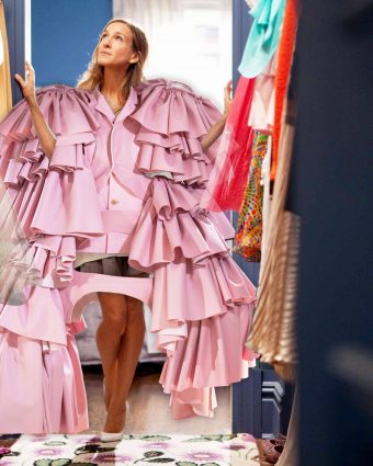 Seidler's Instagram collage of Sex and The City's Sarah Jessica Parker in Comme des Garçons for the Met Gala in a pink fluffy gown standing inside her closet