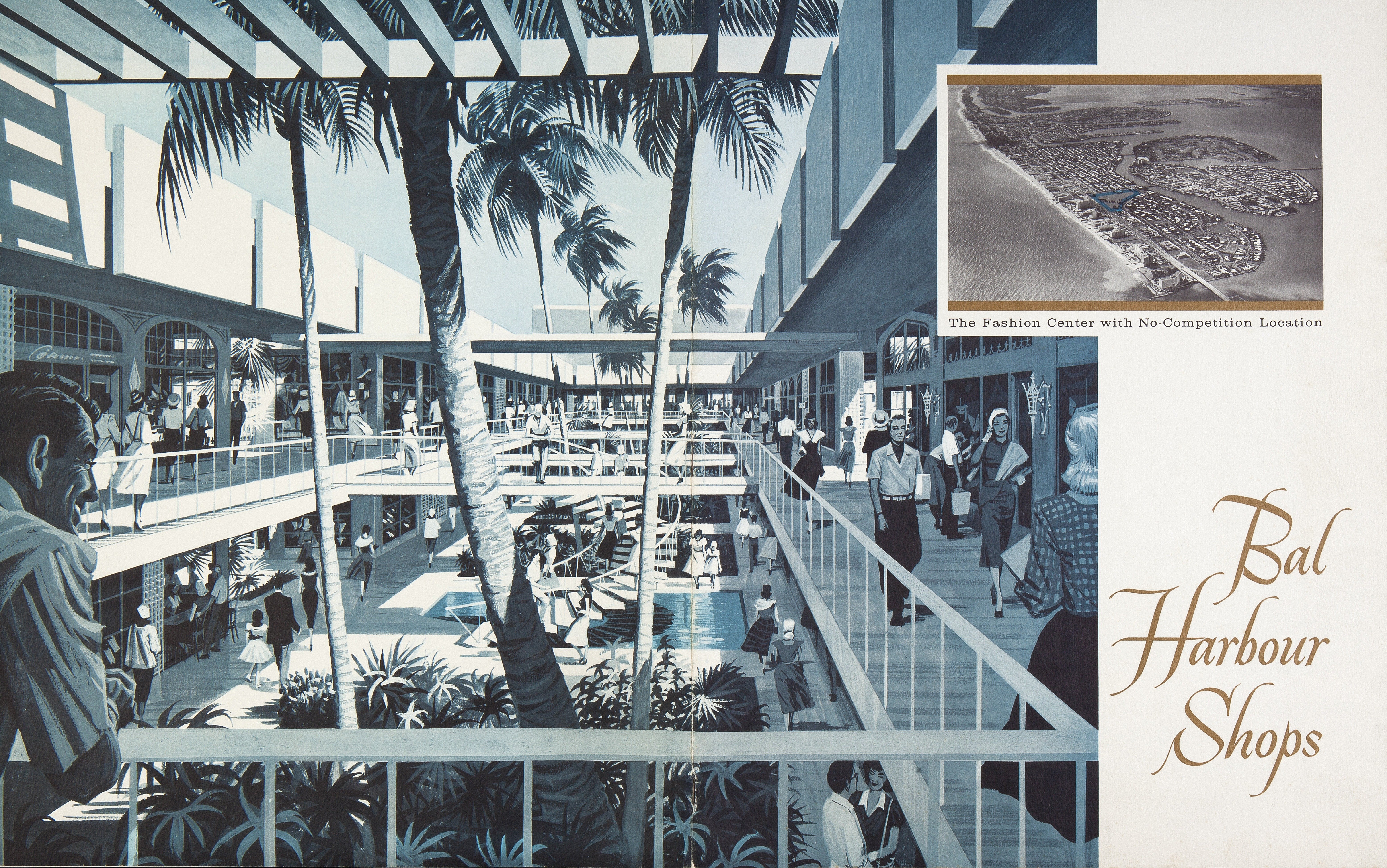 Archival Bal Harbour Shops brochure from the 1950s featuring a rendering of the mall by James R. Bingham