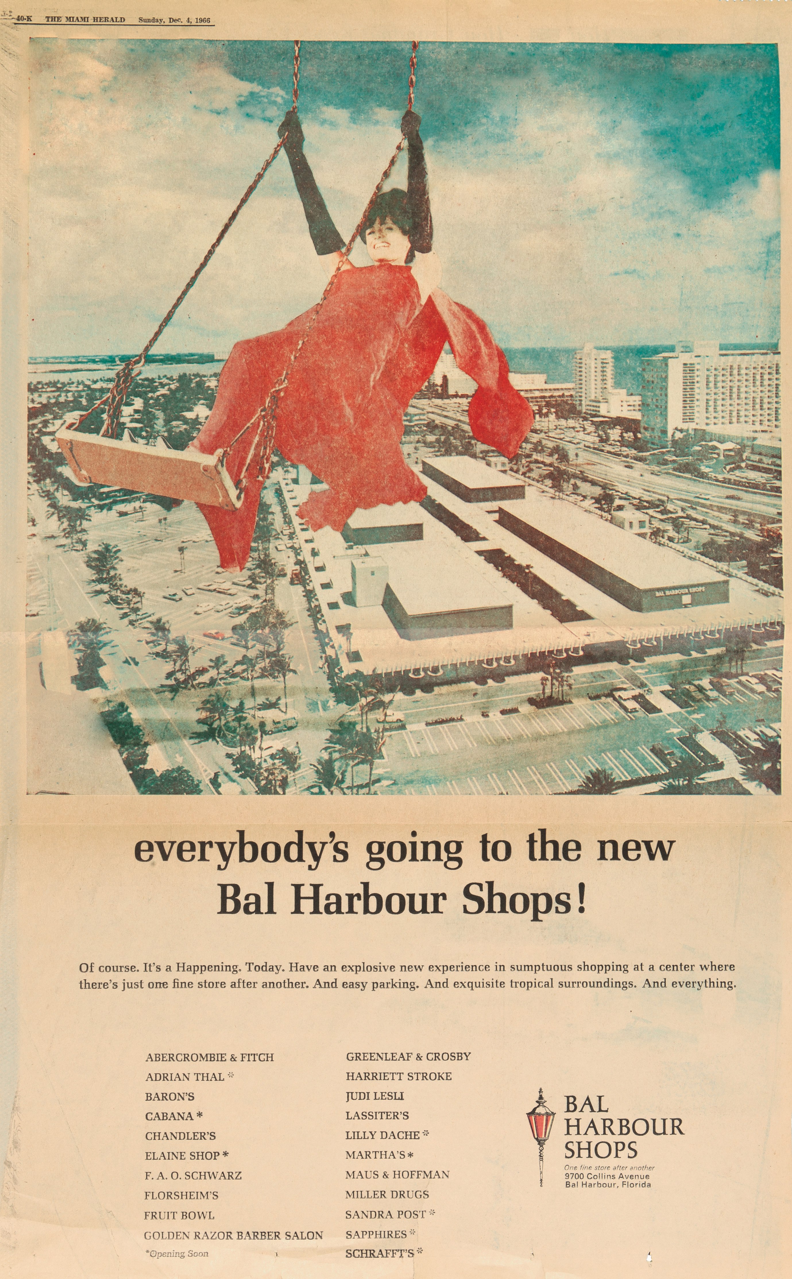 Full-page ad for Bal Harbour Shops in The Miami Herald from December 4, 1966 depicting an image of the woman in a red dress swinging above the Shops