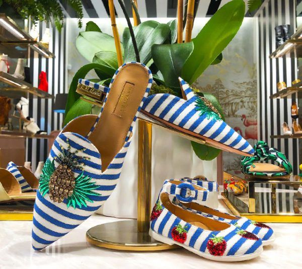 Aquazzura Pineapple Flats Crafted in Italy from soft nautical stripes fabric in blue and white, this slip-on style features a pointed toe and is embellished with our signature symbol, the pineapple