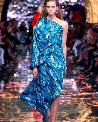 Balenciaga Spring 2019 runway blue heavy satin drape dress