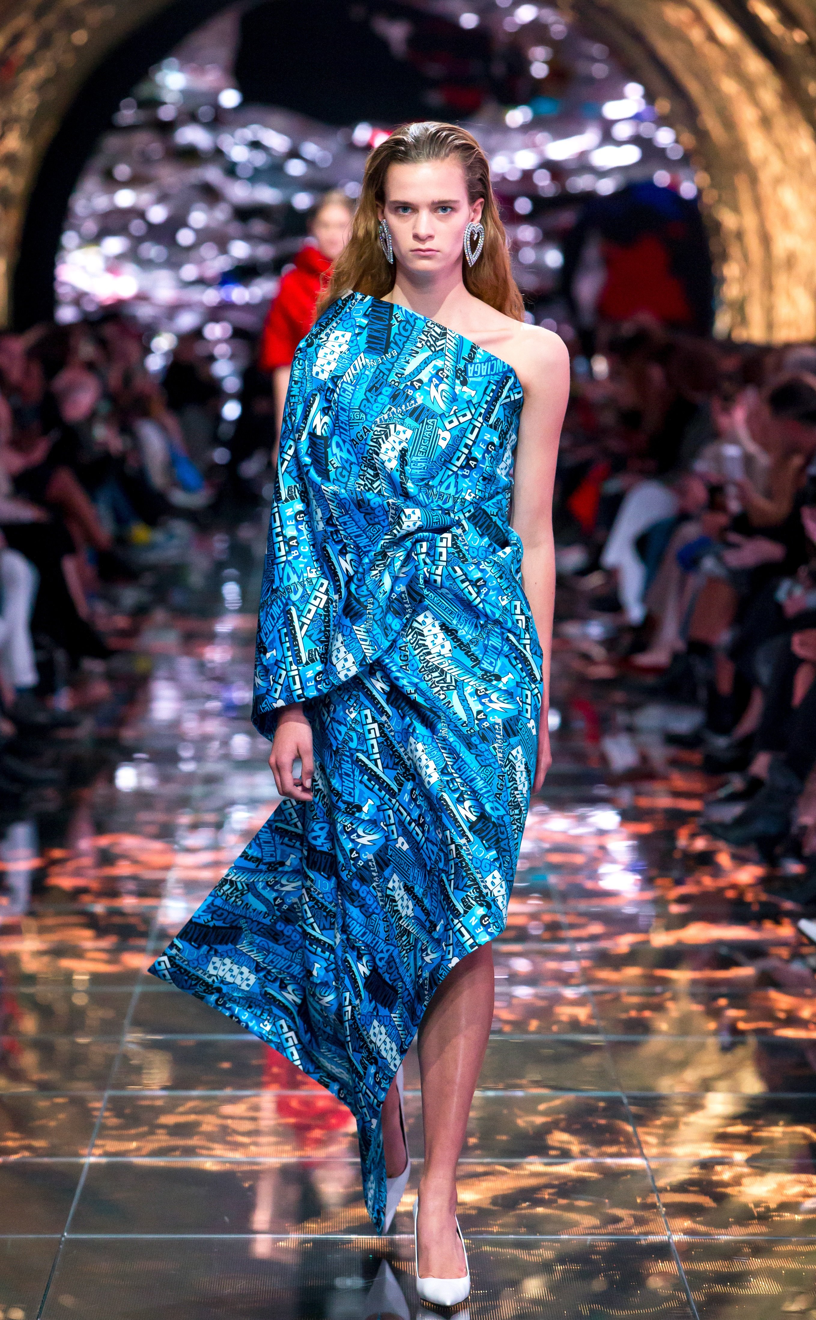 Balenciaga Spring 2019 runway blue heavy satin drape dress