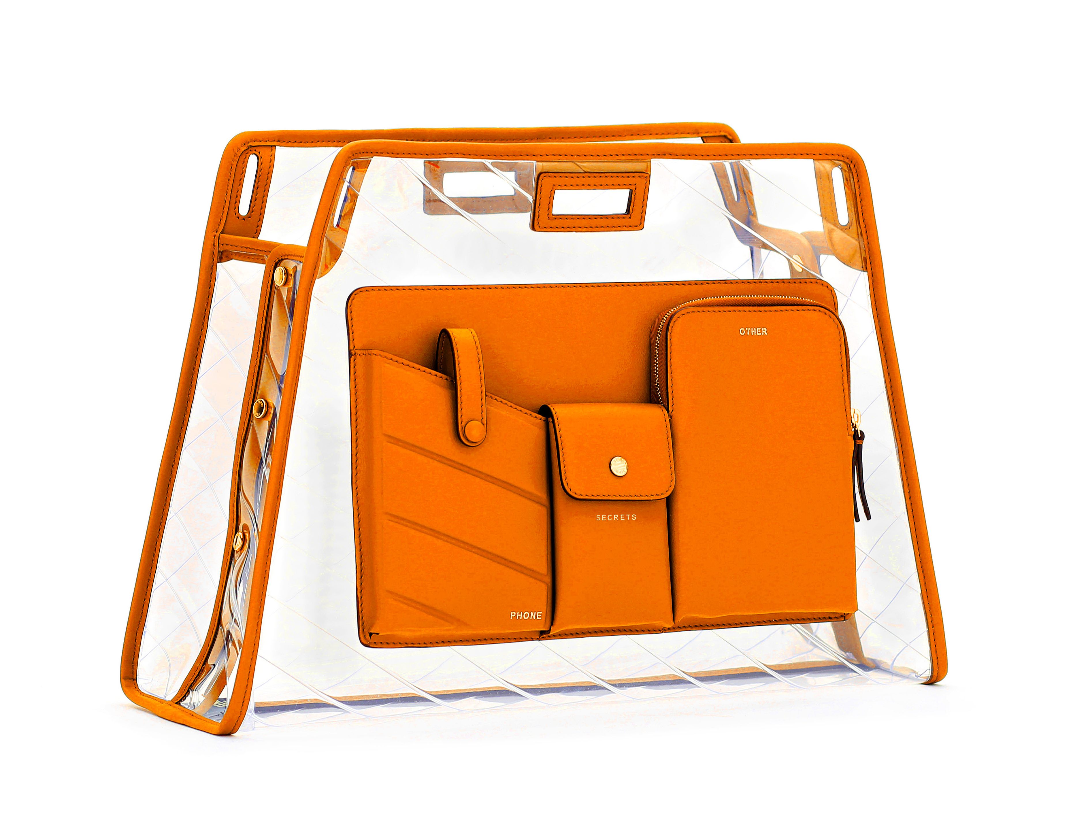Fendi clear bag cover with orange leather pockets