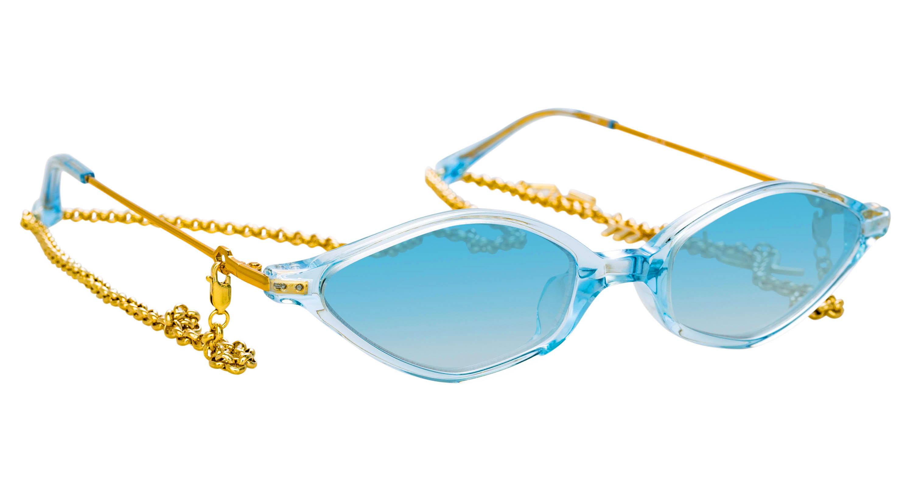 Blue Linda Farrow Angular Cat-Eye sunglasses with a detachable 18k gold-plated brass chain in collaboration with Alessandra Rich