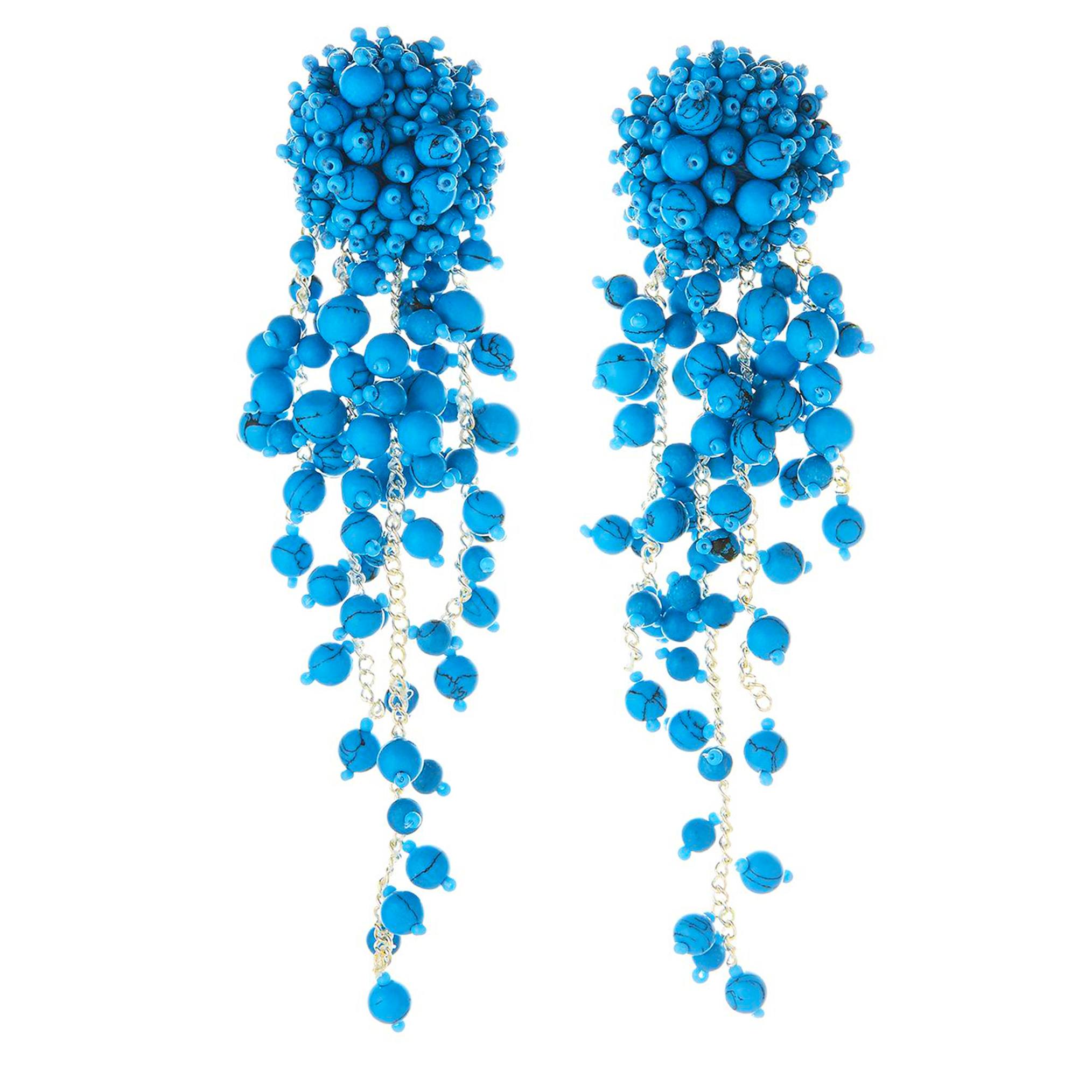 Oscar de la Renta blue Beaded and Chain Earrings crafted in a glossy cyan enamel