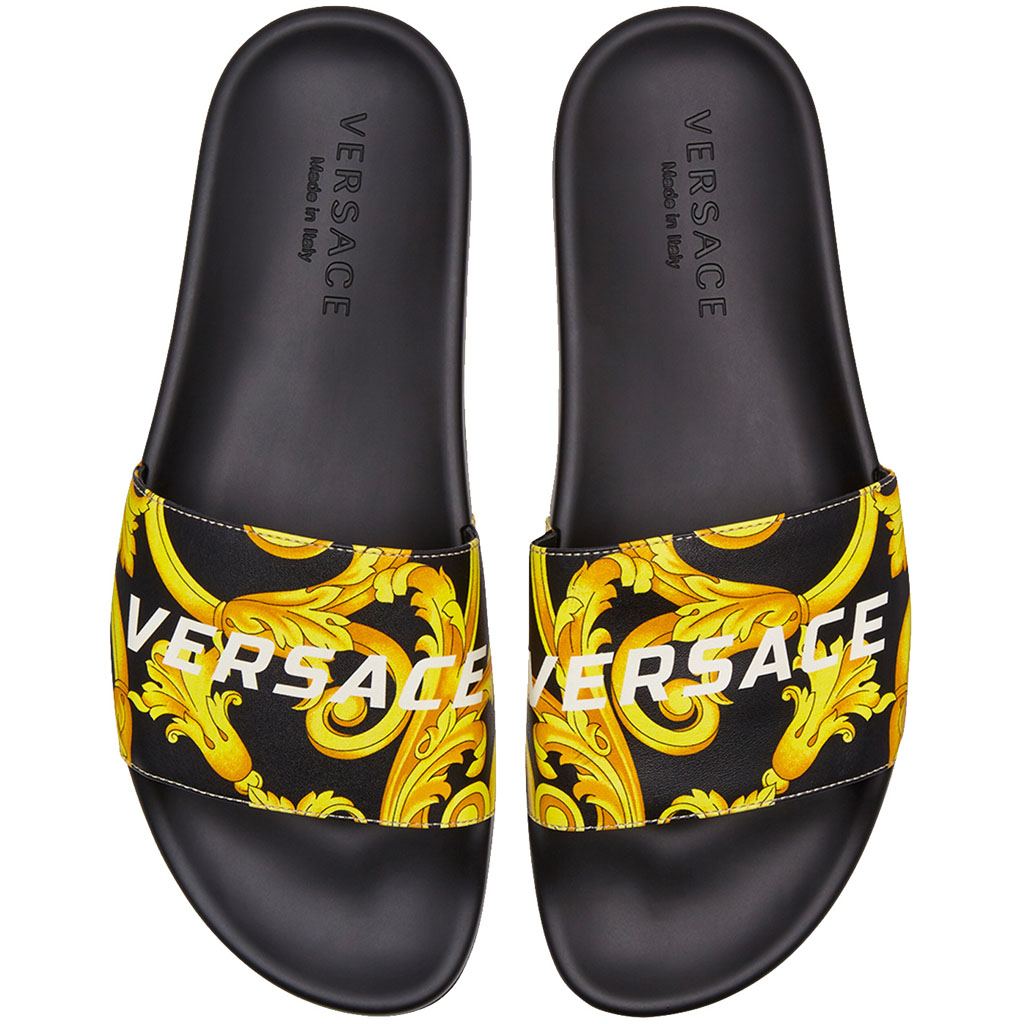 Versace Gold Hibiscus Print Slides