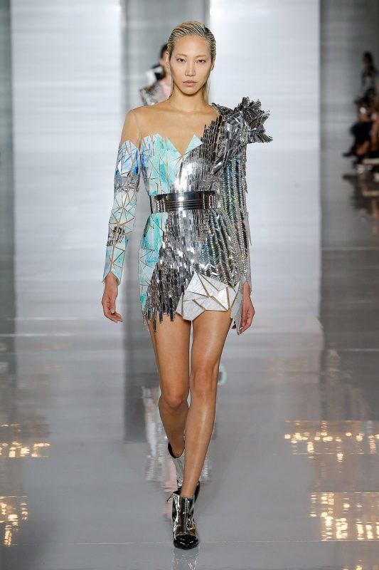 Balmain Spring 2019 runway look, metallic off the shoulder cocktail dress with mixed media in light blues and whites