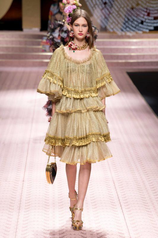 Dolce & Gabbana Spring 2019 Runway look, sheer gold ruffles mid-length rounded-neck evening dress