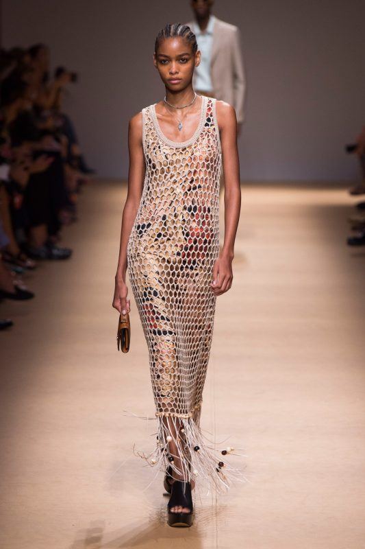 Salvatore Ferragamo Spring 2019 runway look, macrame light tan cover-up dress with tassels on the bottom