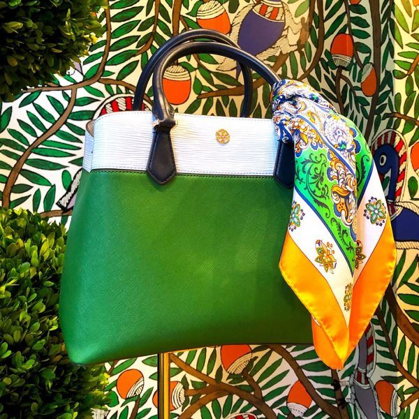 Tory Burch Robinson Color Top-Handle Bag in green and white with decorated scarf accessory
