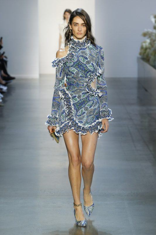 Zimmermann Spring 2019 runway look, blue paisley-print long-sleeve ruffle dress