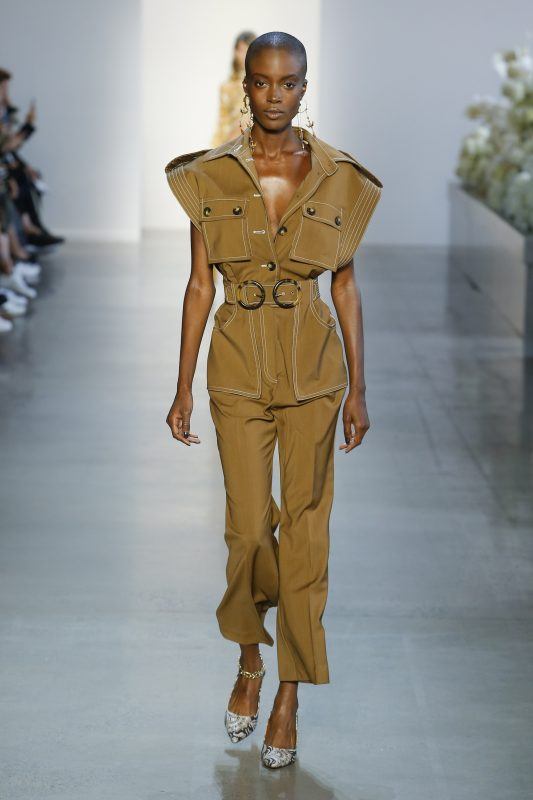 Zimmermann Spring 2019 runway look, rustic-oak utility jumpsuit with open collar