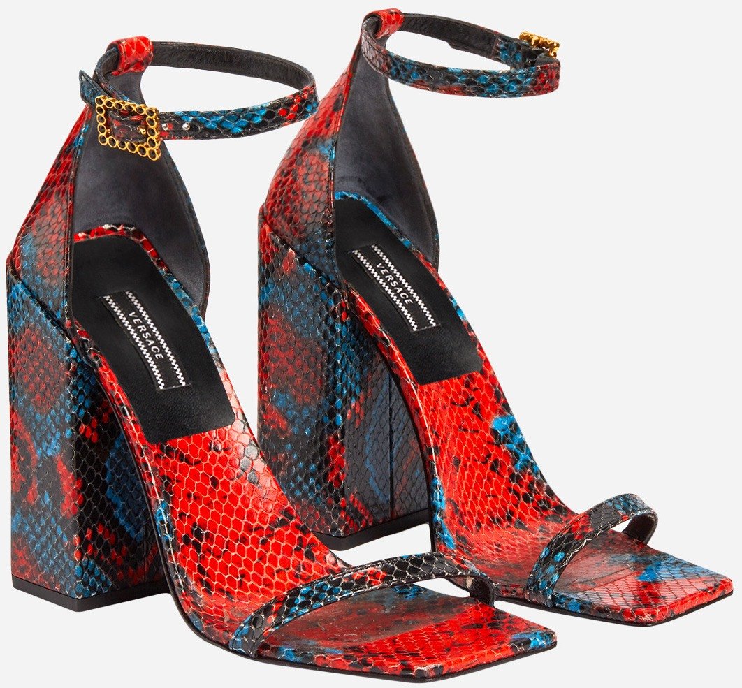 Red and Blue Mock Python Print Leather Sandals by Versace