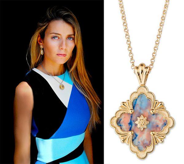 Co-designer, Lucrezia Buccellati and the Buccellati limited edition Opera Collection pendants, left to right: marble, zebra and leopard design