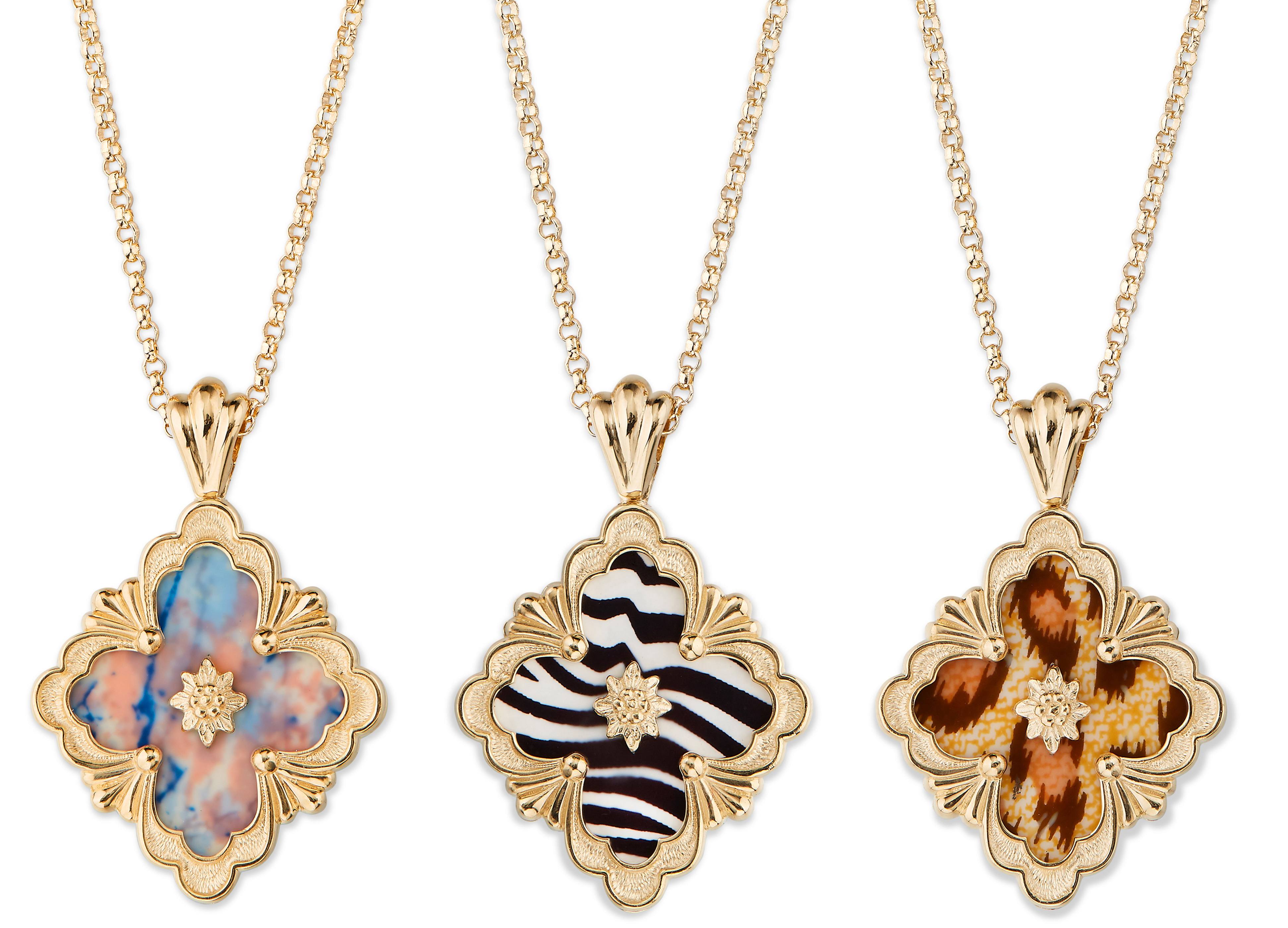 Buccellati limited edition Opera Collection pendants, left to right: marble, zebra and leopard design