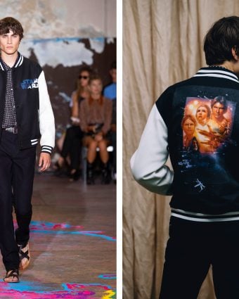 A runway look from the ETRO X STAR WARS Capsule Collection, featuring the black bomber adorned with a vintage print from the film series.