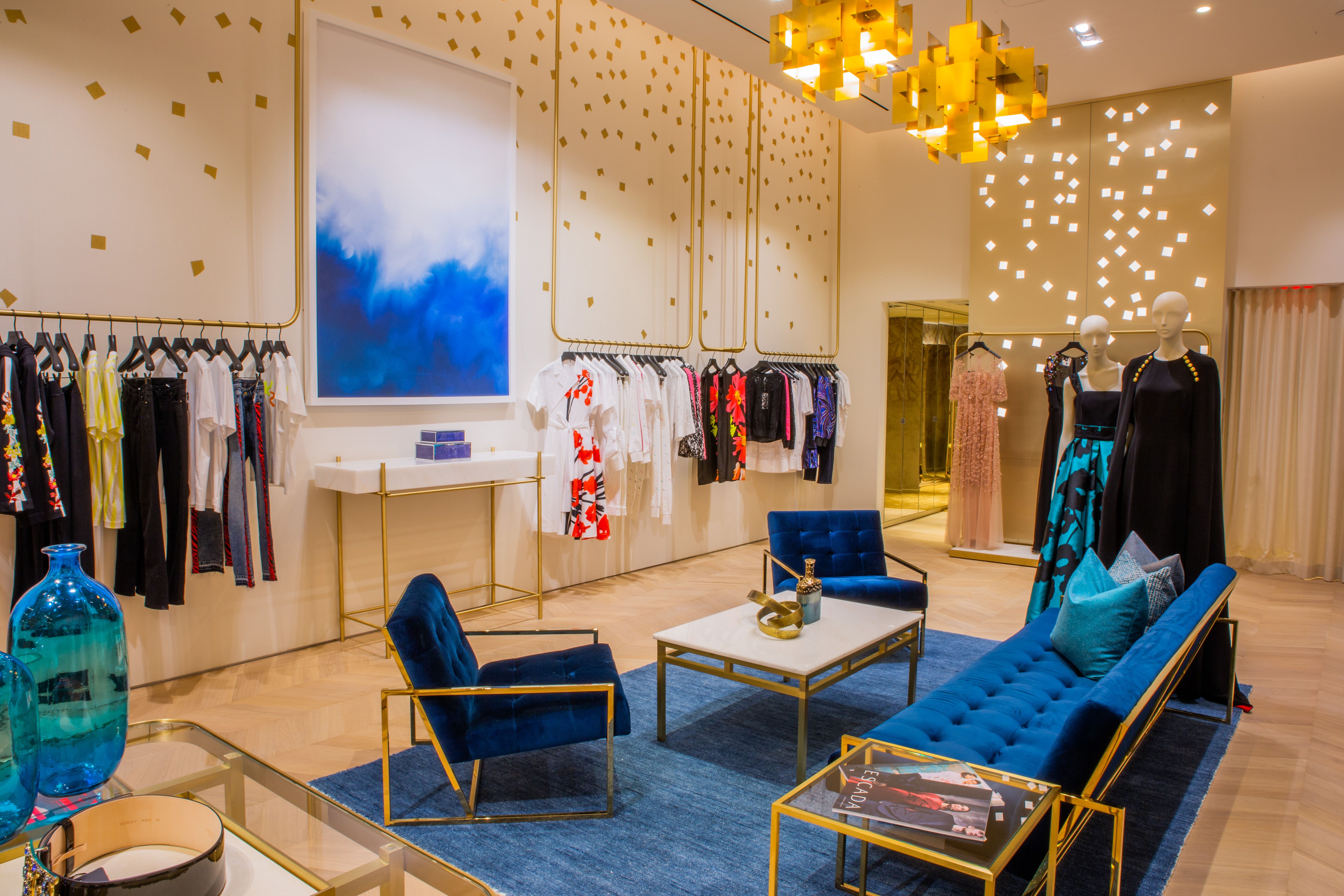 ESCADA Bal Harbour takes its cues from ancient Japanese artistry, with hand-painted walls with gold leaves and Art Deco-inspired furnishings.