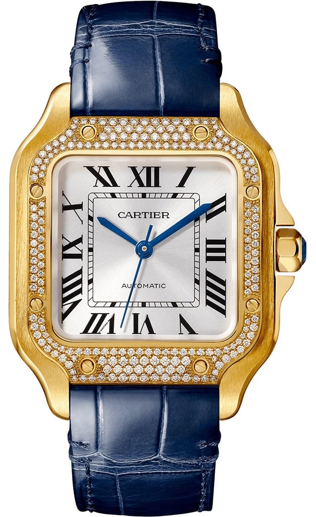 Santos de Cartier Watch Medium Model, Automatic, Yellow Gold, Diamonds, Leather bracelet at Tourneau Bal Harbour.