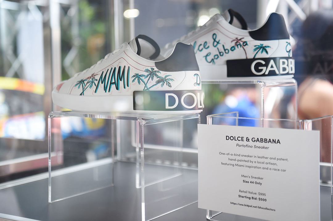 Sneaker auction display in Collectors Suite for Collectors Weekend 2019 featuring a one-of-a-kind Dolce & Gabbana Portofino sneaker