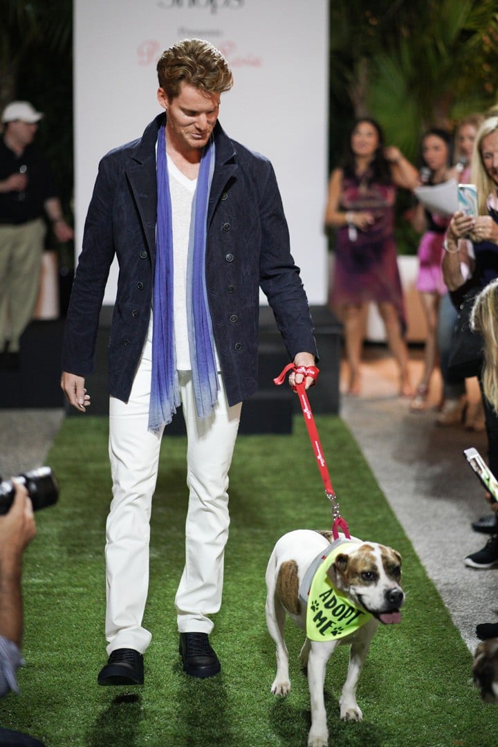 John Varvatos model and featured dog walking the puppy runway